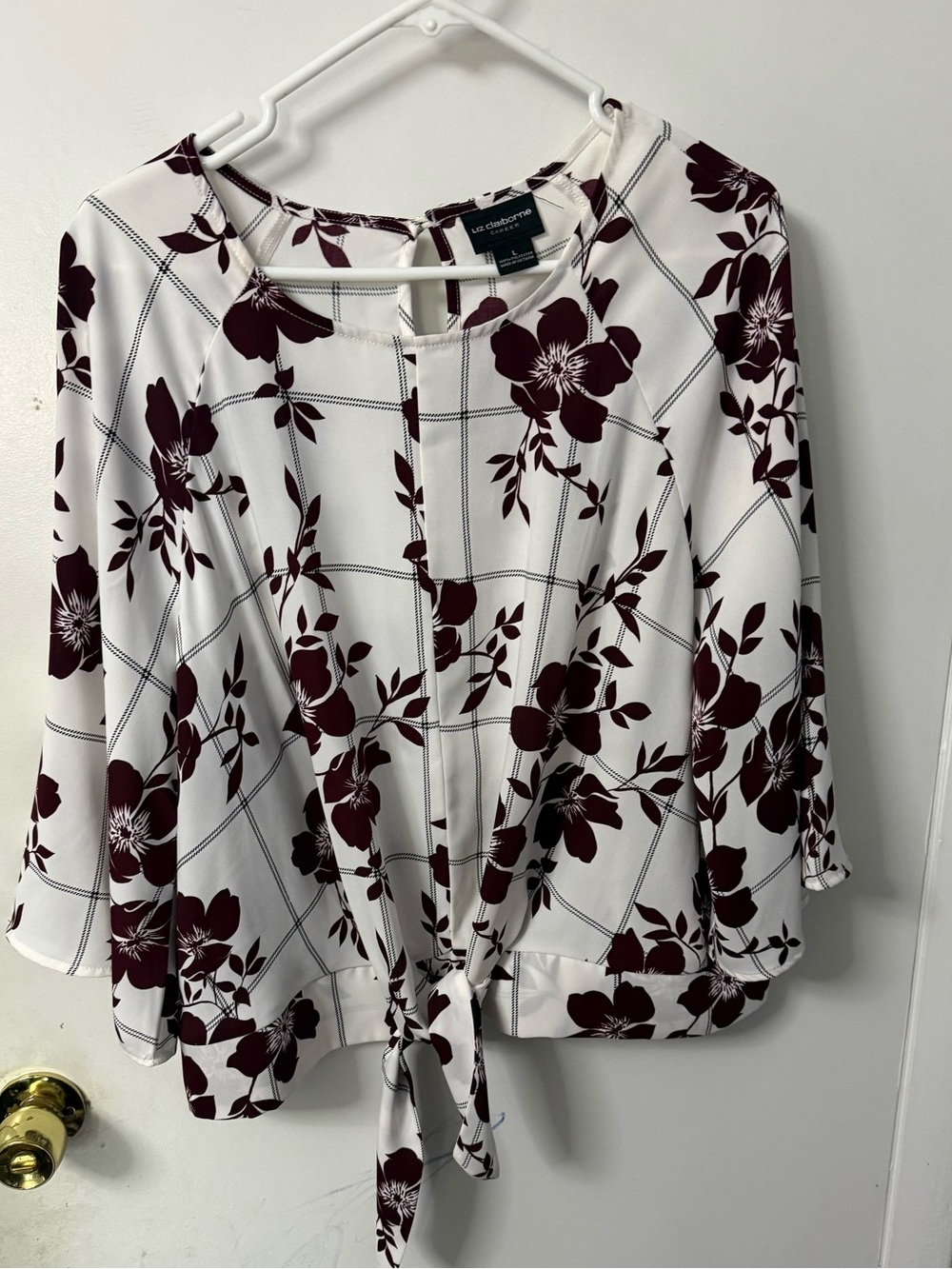 Liz Claiborne White Blouse with Burgundy Floral Tie Front